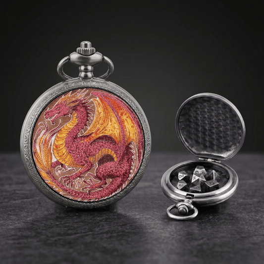 Geloho D20, Dragon Silver Sovereign Red Dragon Classic Pocket Watch Dice Set