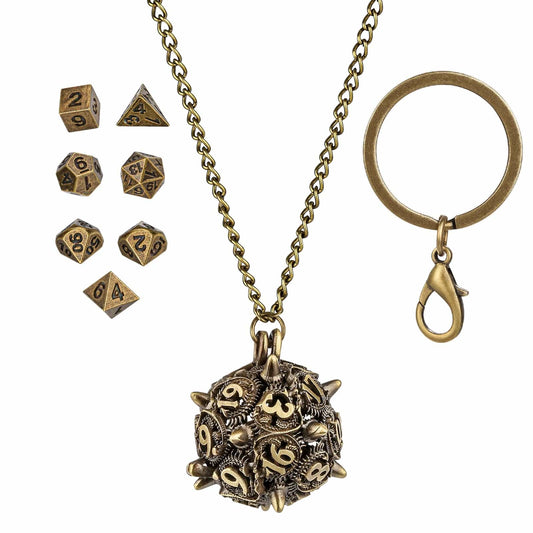 Geloho Bronze Spiked D20 Mini Dice Set Necklace & Keychain