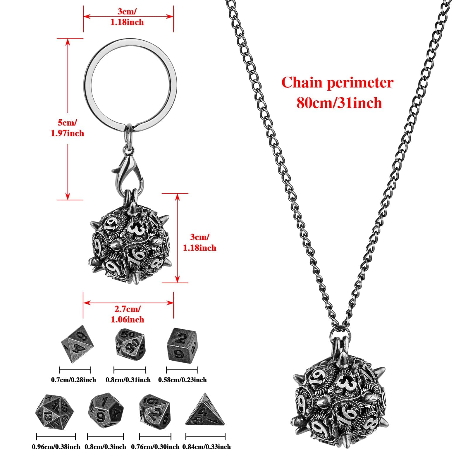 Geloho Spiked D20 Mini Dice Set Necklace & Keychain