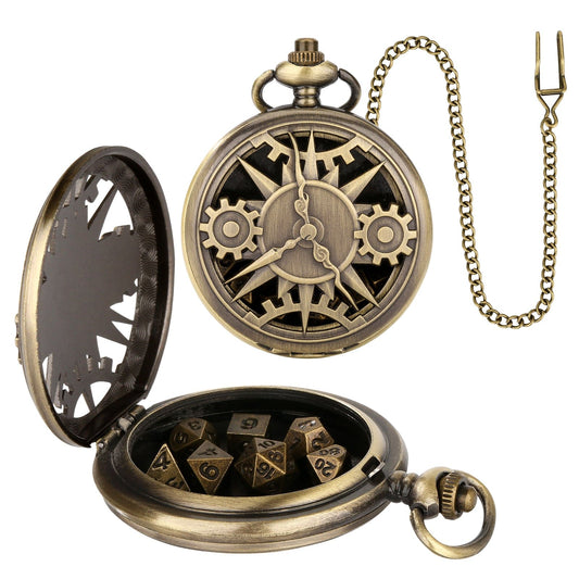 Geloho Bronze Steampunk Compass Gear Pocket Watch Dice Set