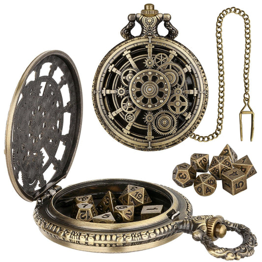 Geloho D20, Dragon Bronze Steampunk Gear Pocket Watch Dice Set