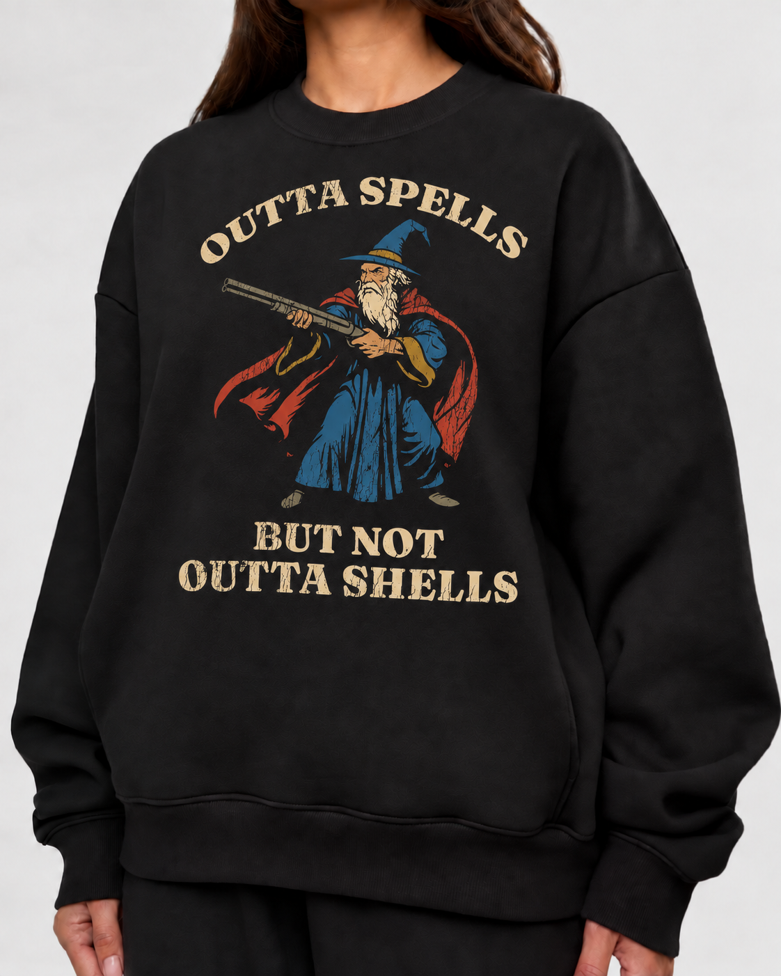 Female model wearing Still Has Shells - DnD Sweatshirt