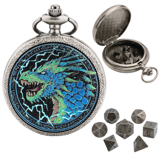 Geloho D20, Dragon Silver Stormborn Blue Dragon Lightning Pocket Watch Dice Set
