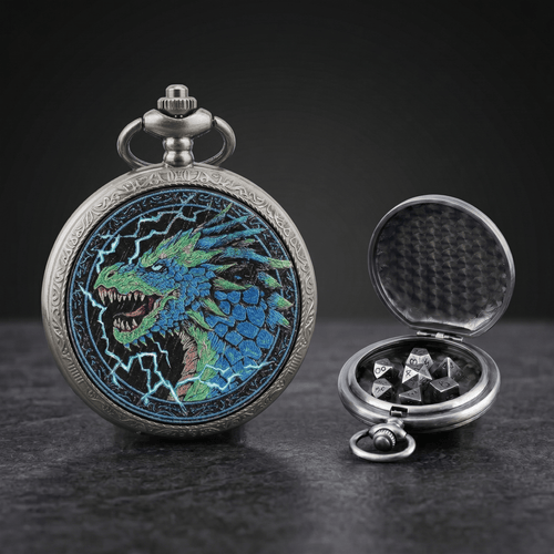 Geloho D20, Dragon Silver Stormborn Blue Dragon Lightning Pocket Watch Dice Set