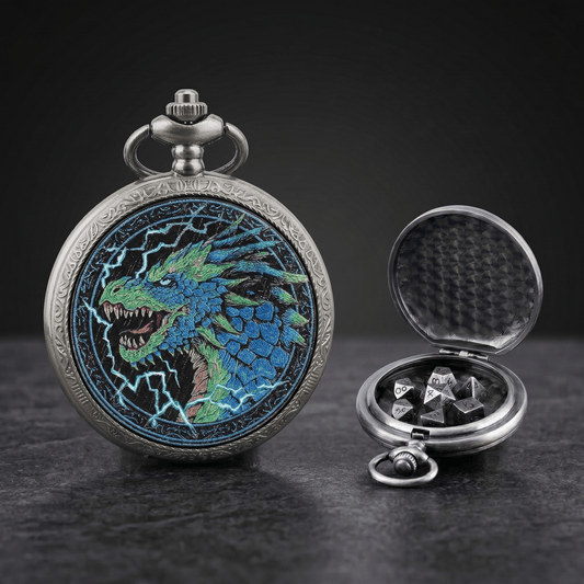 Geloho D20, Dragon Silver Stormborn Blue Dragon Lightning Pocket Watch Dice Set