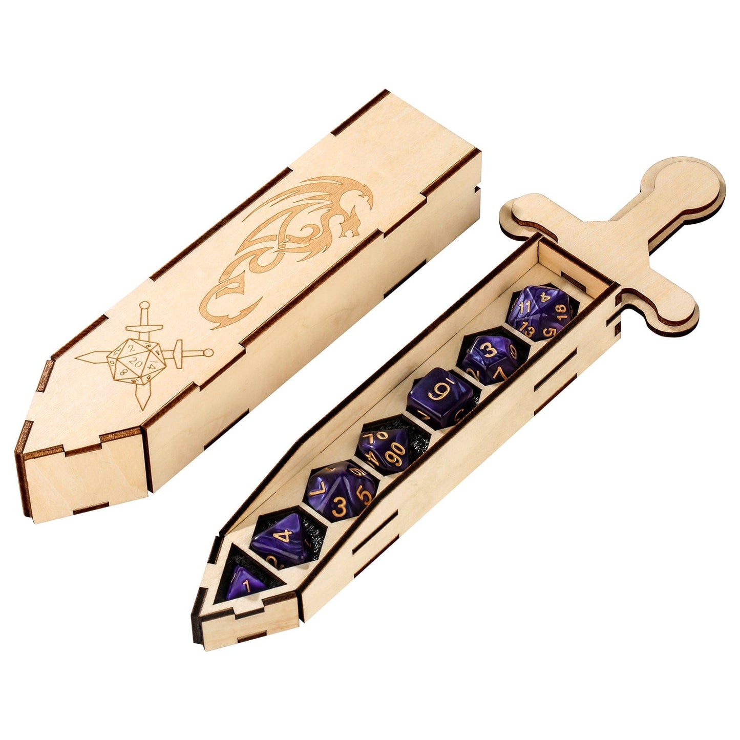 Geloho Sword Dice Case – Dragon Engraved Wooden DnD Case for 7-Die Polyhedral Set