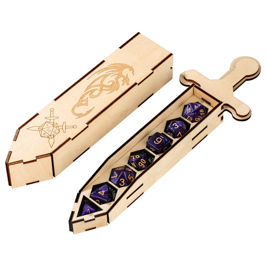 Geloho Sword Dice Case – Dragon Engraved Wooden DnD Case for 7-Die Polyhedral Set