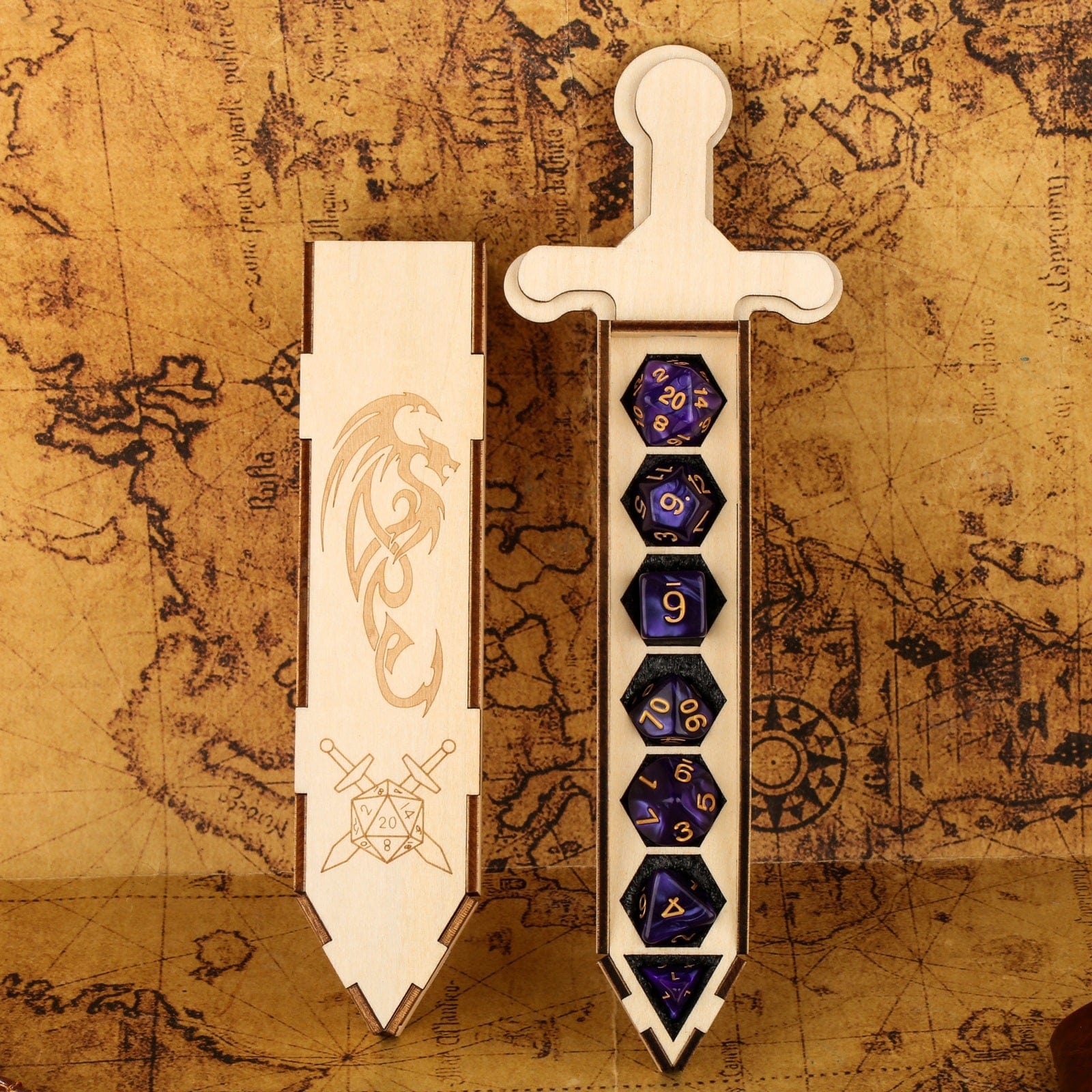 Geloho Sword Dice Case – Dragon Engraved Wooden DnD Case for 7-Die Polyhedral Set