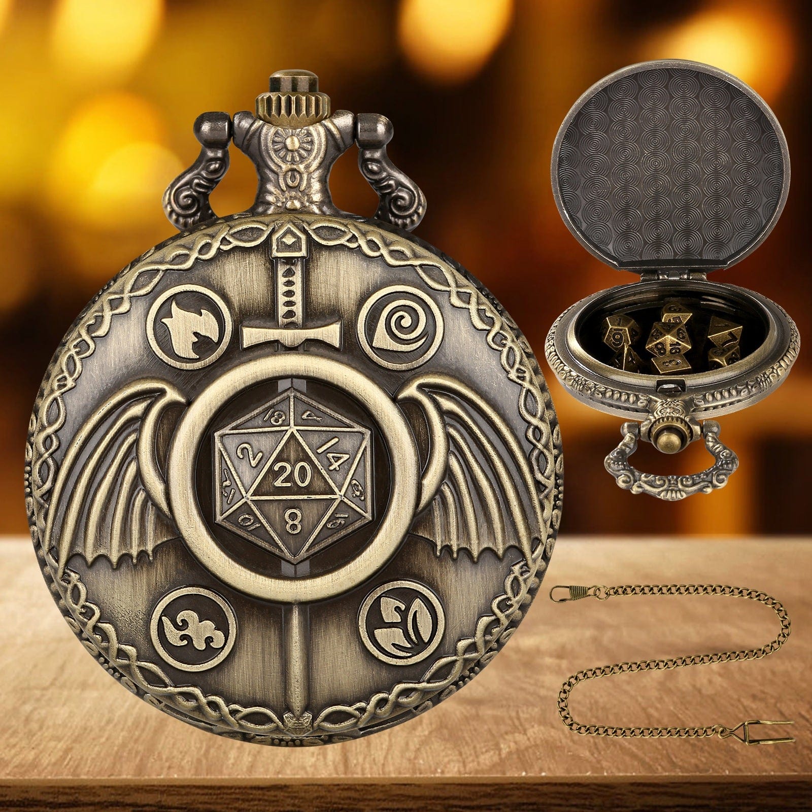 Geloho D20, Dragon Sword & Wings Pocket Watch Dice Set