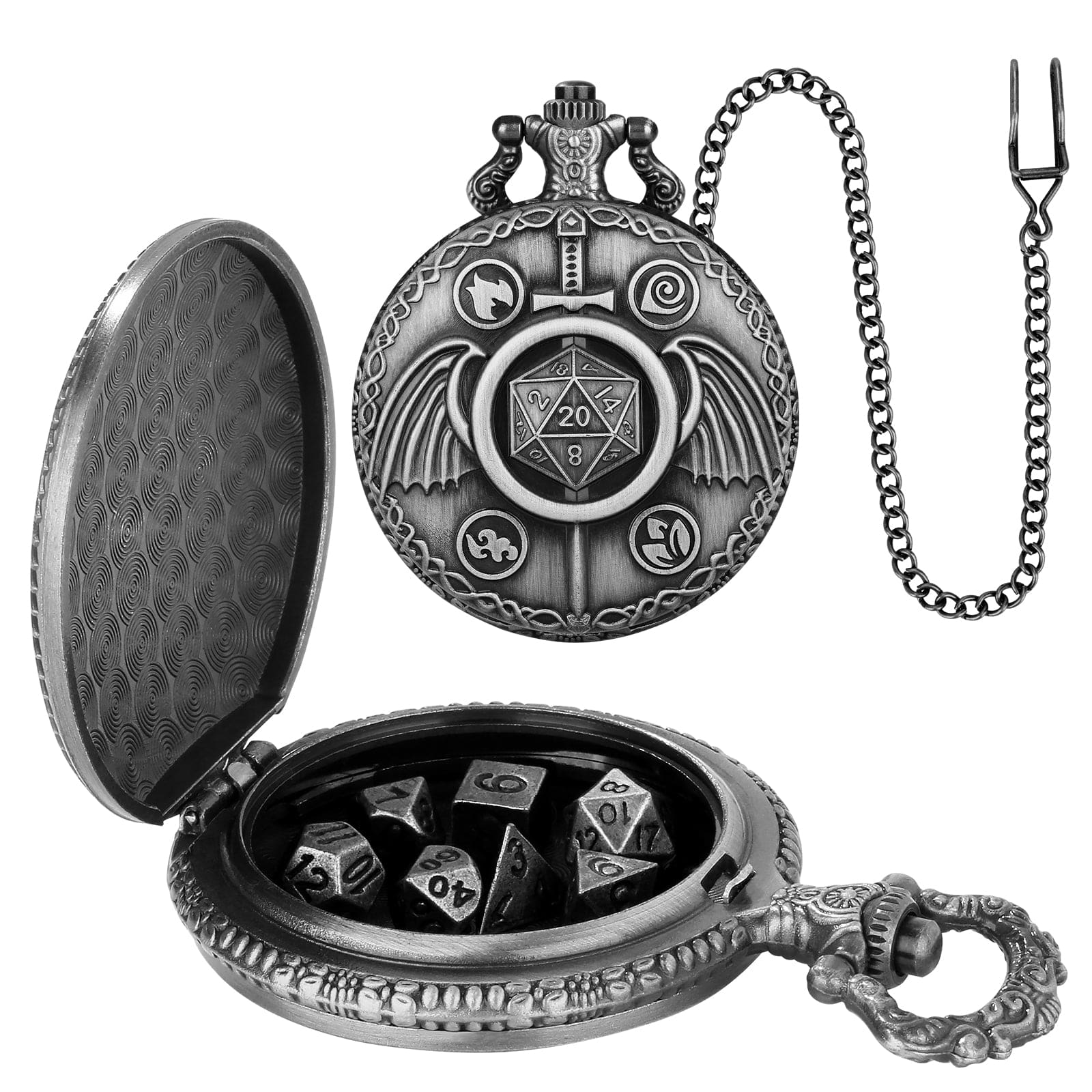 Geloho D20, Dragon Silver Sword & Wings Pocket Watch Dice Set