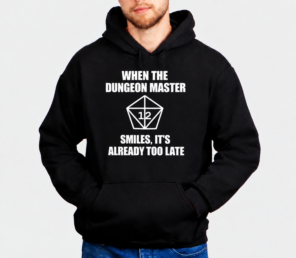 The DM Smiles D&D hoodie on male model