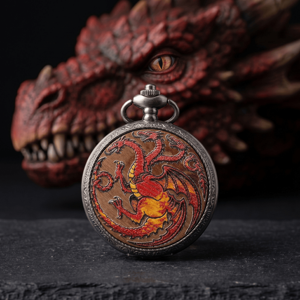 Geloho D20, Dragon Silver Three Headed Red Dragon Pocket Watch Dice Set