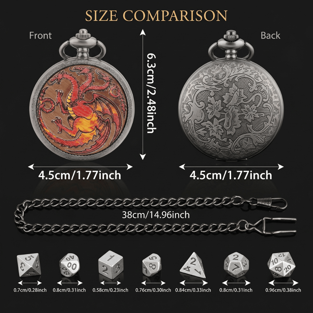 Geloho D20, Dragon Silver Three Headed Red Dragon Pocket Watch Dice Set