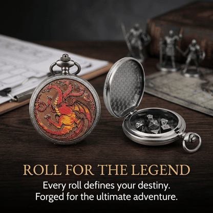 Geloho D20, Dragon Silver Three Headed Red Dragon Pocket Watch Dice Set