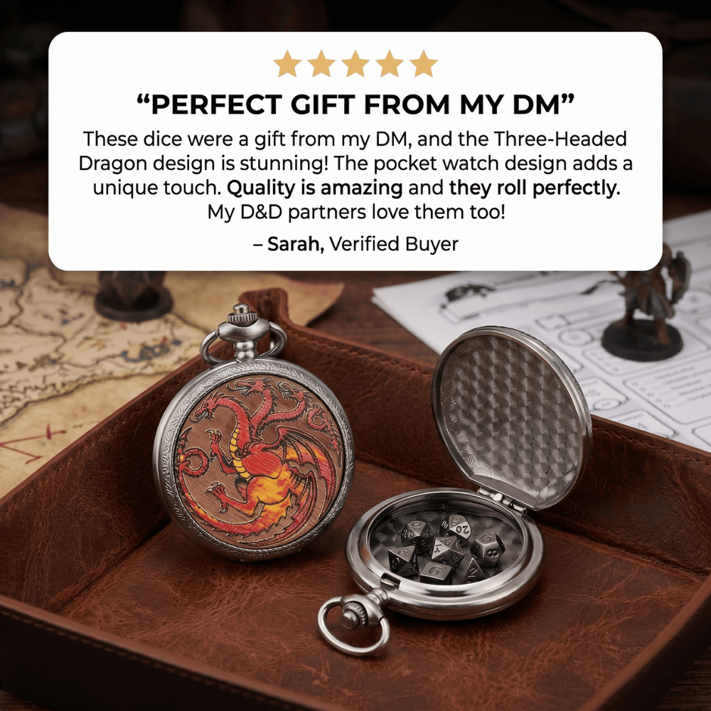 Geloho D20, Dragon Silver Three Headed Red Dragon Pocket Watch Dice Set