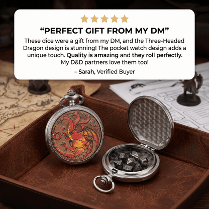 Geloho D20, Dragon Silver Three Headed Red Dragon Pocket Watch Dice Set