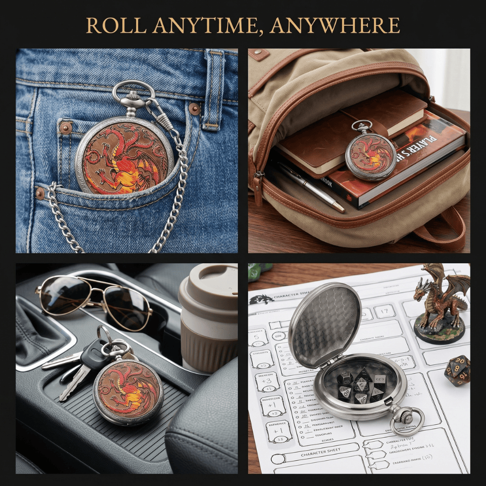 Geloho D20, Dragon Silver Three Headed Red Dragon Pocket Watch Dice Set