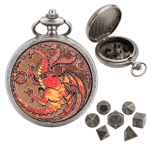 Geloho D20, Dragon Silver Three Headed Red Dragon Pocket Watch Dice Set