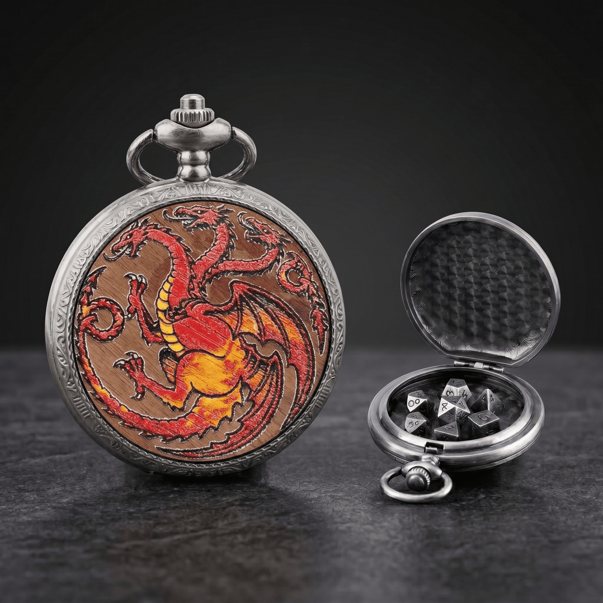 Geloho D20, Dragon Silver Three Headed Red Dragon Pocket Watch Dice Set