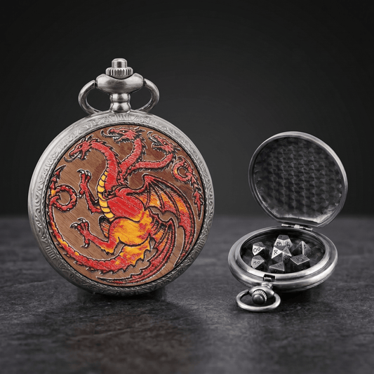 Geloho D20, Dragon Silver Three Headed Red Dragon Pocket Watch Dice Set