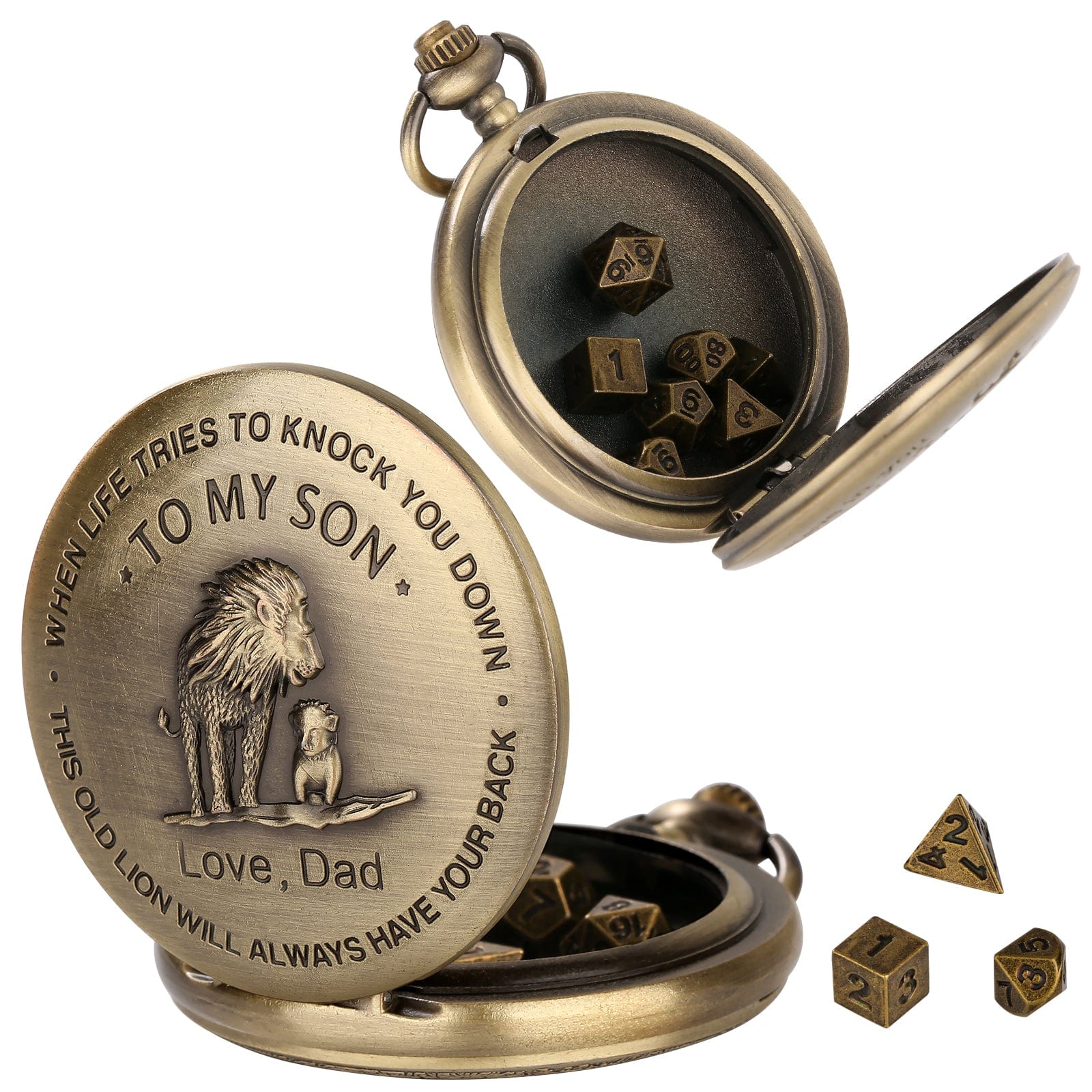 Geloho D20, Dragon Lion To My Son Gift Pocket Watch Dice Set