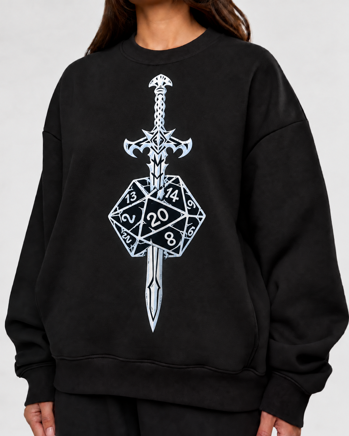 Female model wearing Trust The Blade - DnD Sweatshirt