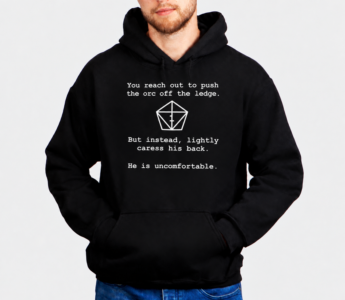 Uncomfortable Nat One D&D hoodie on male model