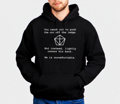 Uncomfortable Nat One D&D hoodie on male model