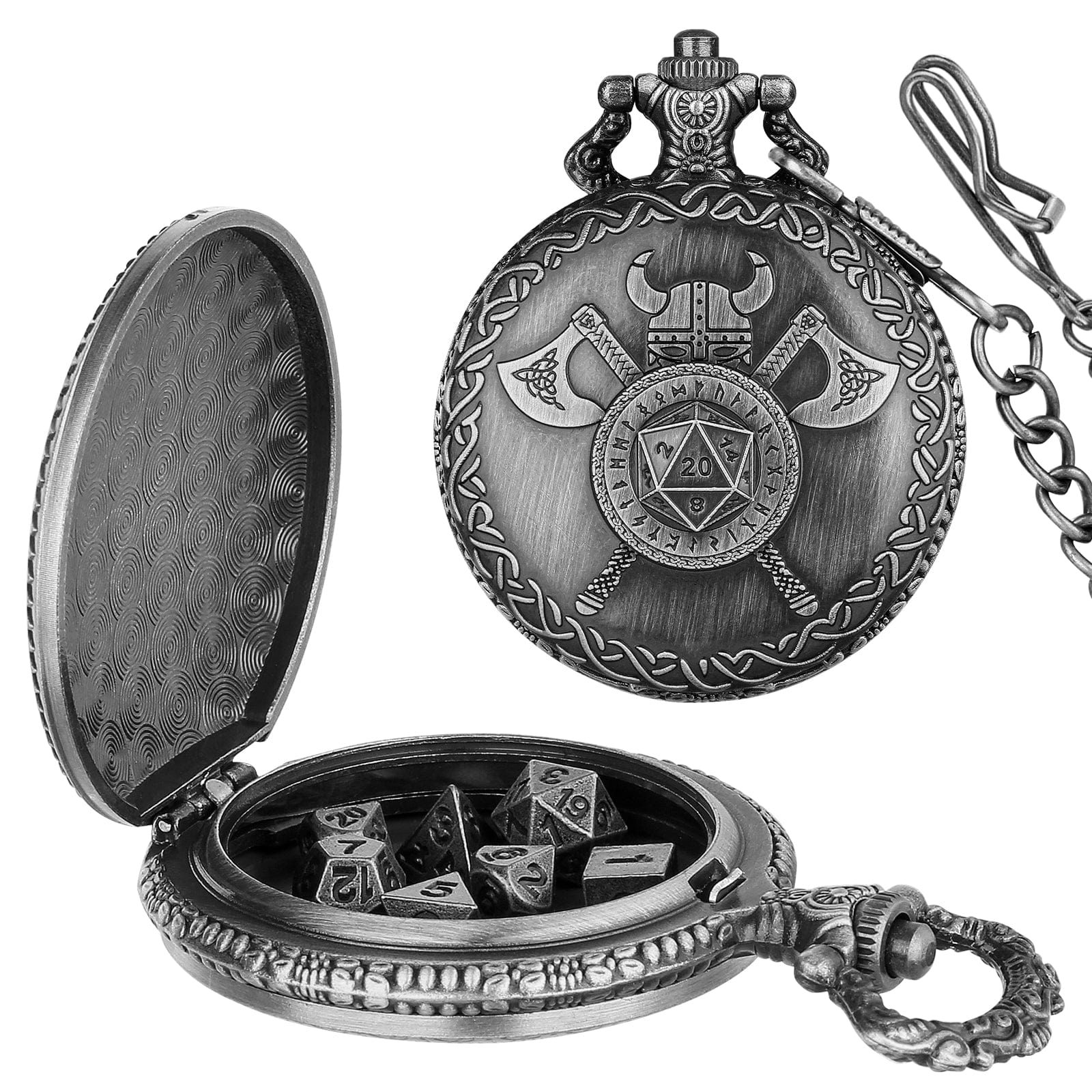Dnd Stylewatch Mini Metal DND Dice Set with Viking Warrior Pocket Watch Shell Case ...