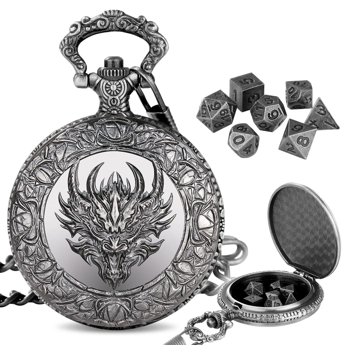 Geloho Silver VINTAGE DRAGON DESIGN POCKET WATCH DICE BOX