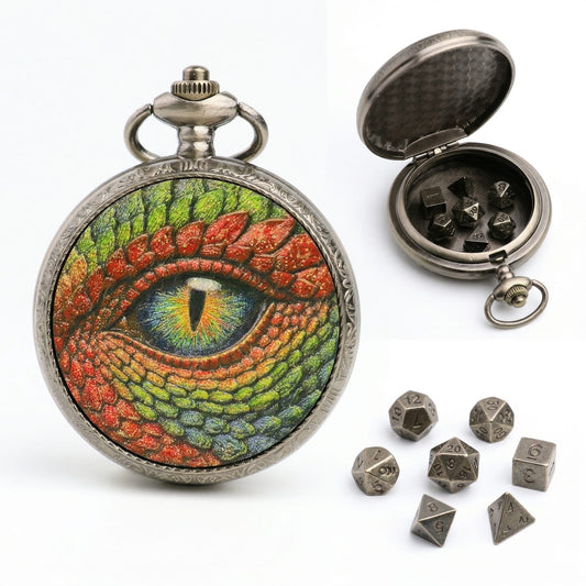 Geloho D20, Dragon Silver Vintage Dragon Eye Pocket Watch Mini Dice Set