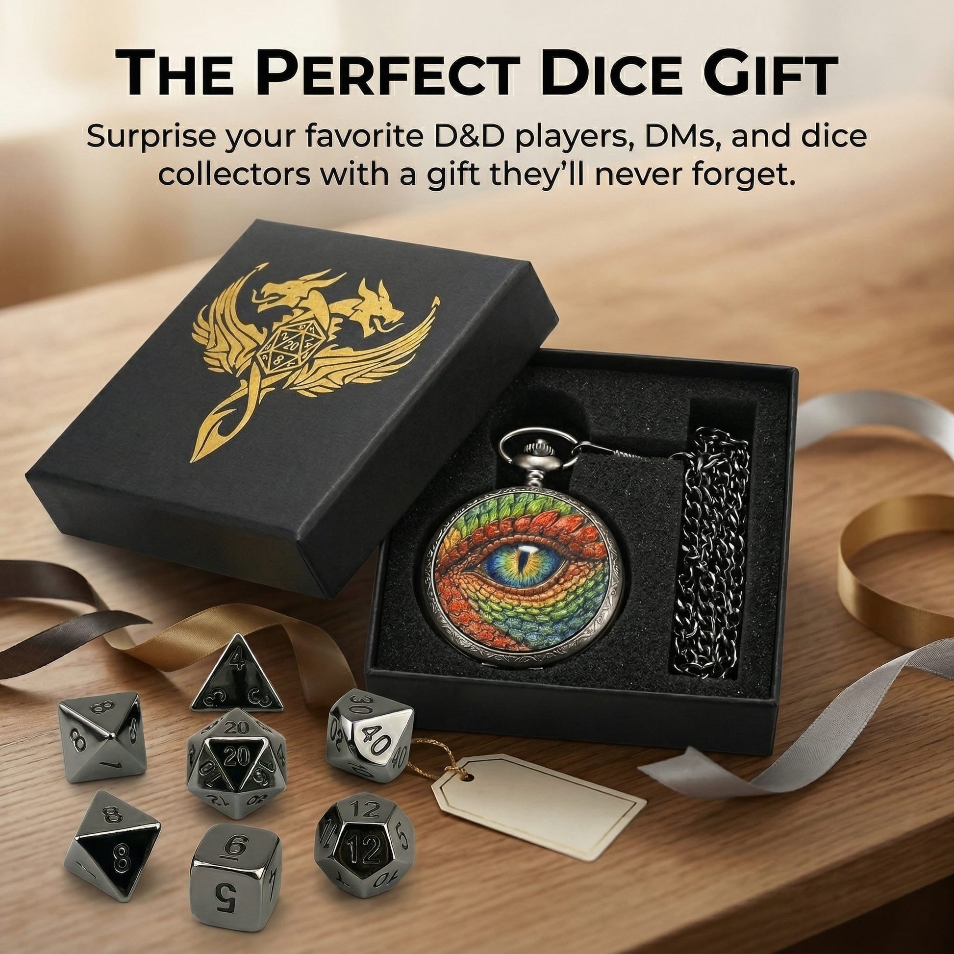 Geloho D20, Dragon Silver Vintage Dragon Eye Pocket Watch Mini Dice Set