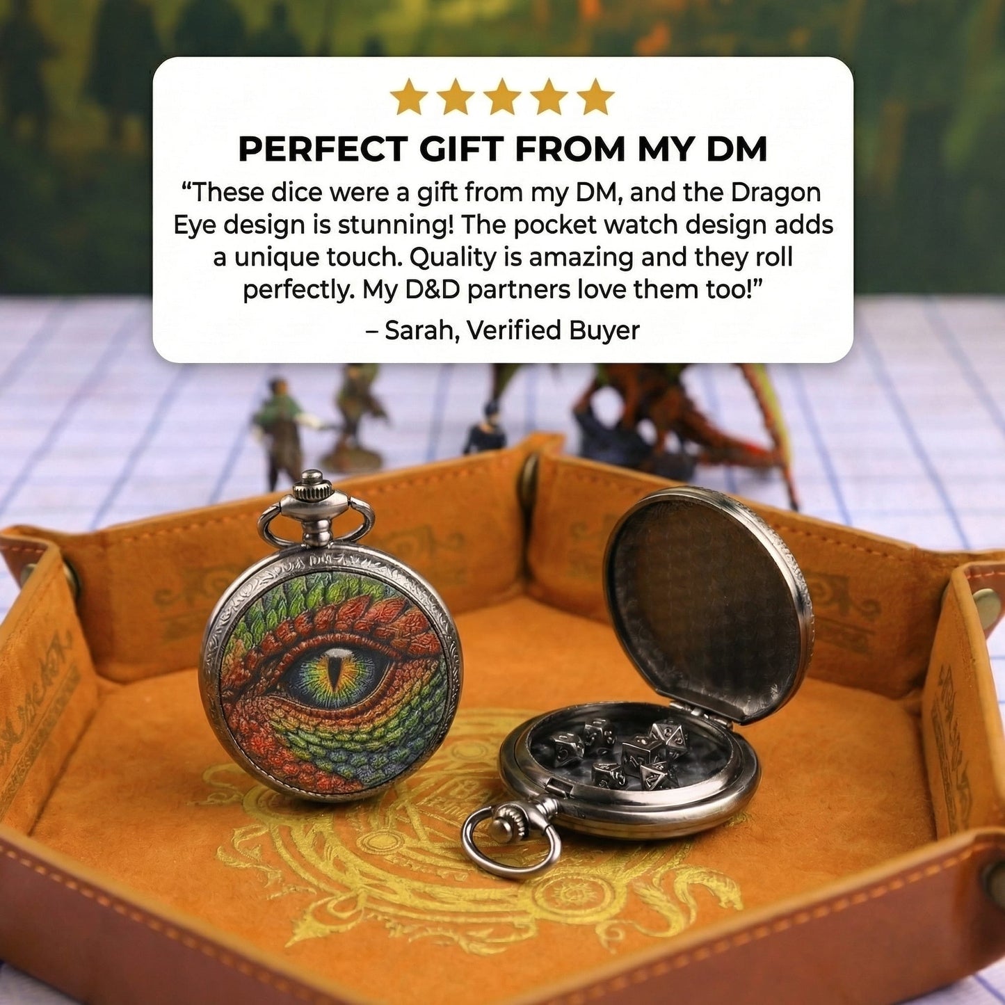 Geloho D20, Dragon Silver Vintage Dragon Eye Pocket Watch Mini Dice Set