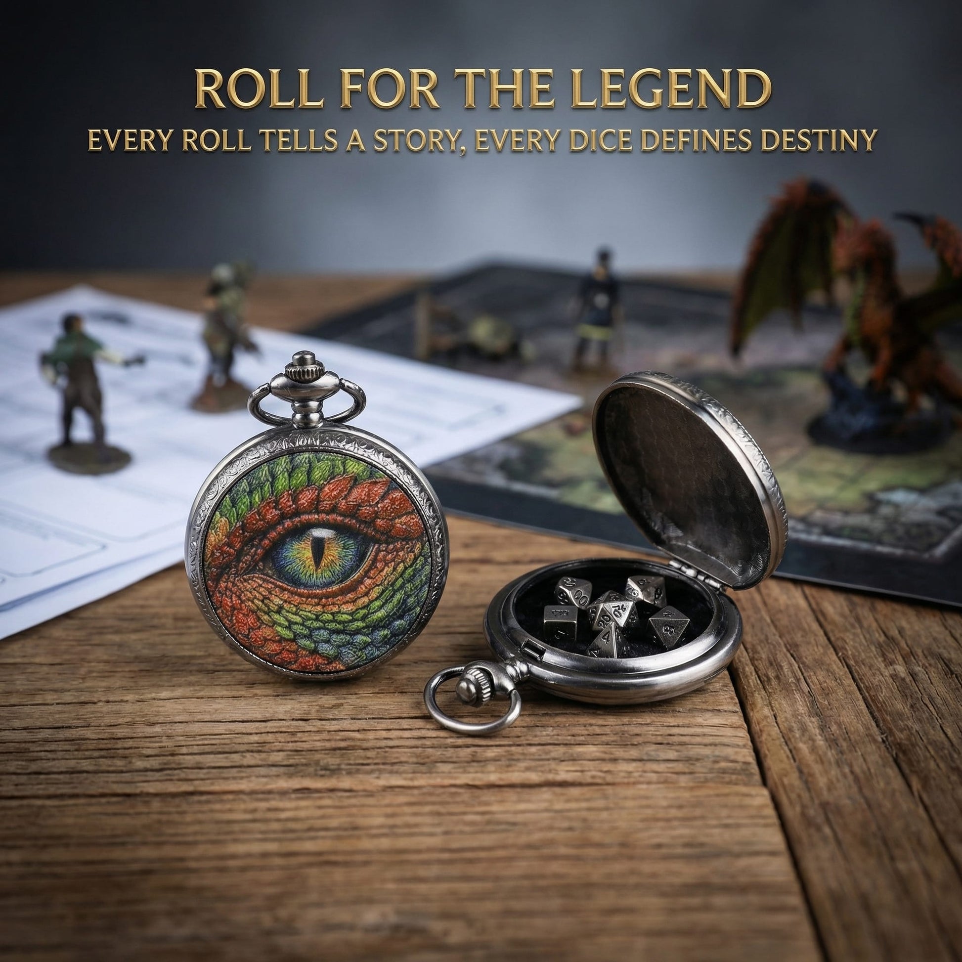 Geloho D20, Dragon Silver Vintage Dragon Eye Pocket Watch Mini Dice Set