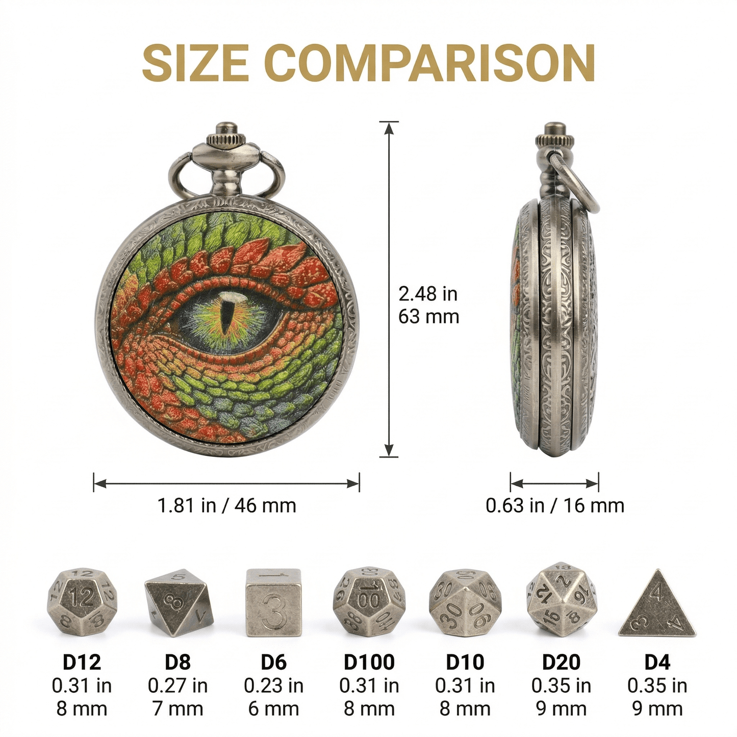 Geloho D20, Dragon Silver Vintage Dragon Eye Pocket Watch Mini Dice Set