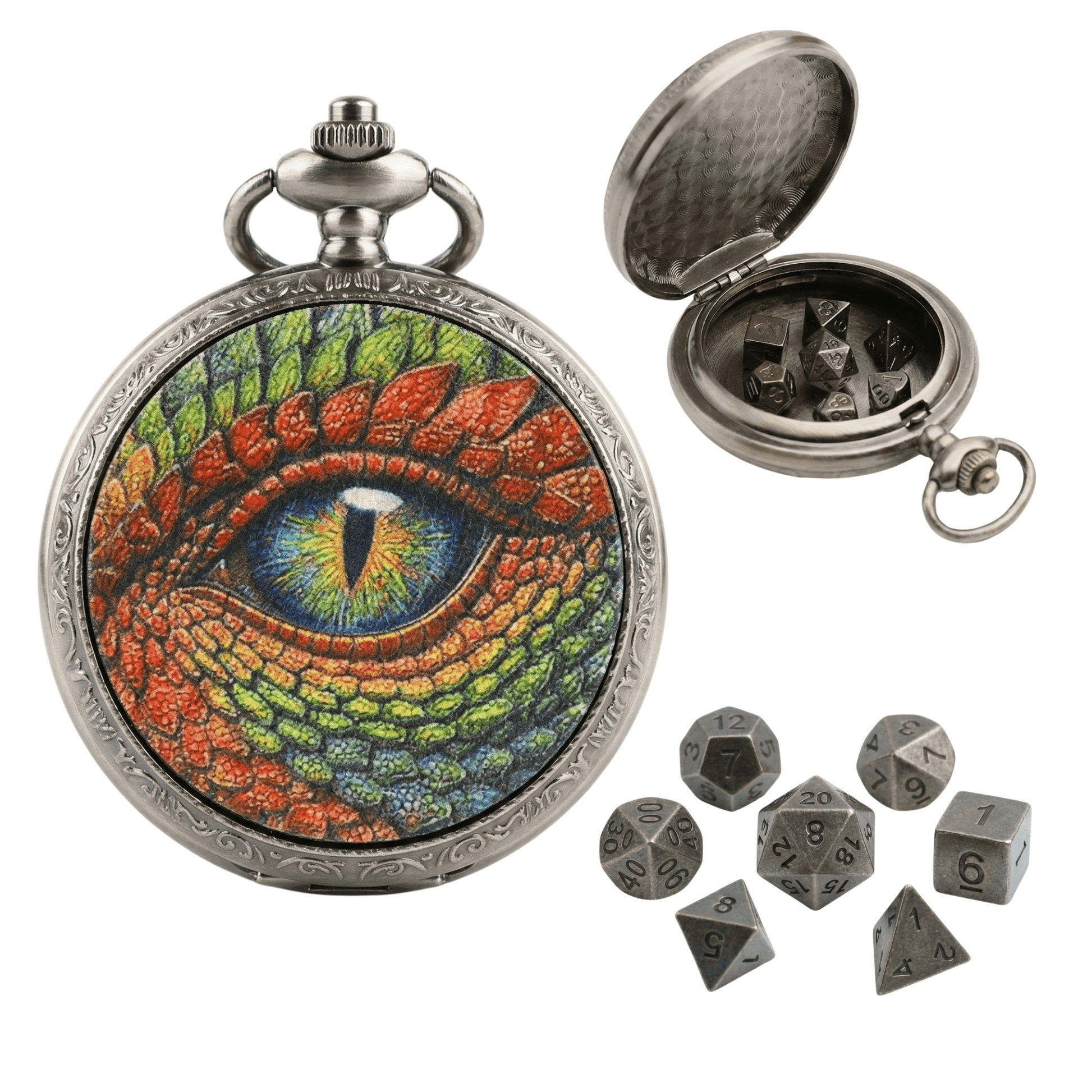 Geloho D20, Dragon Silver Vintage Dragon Eye Pocket Watch Mini Dice Set