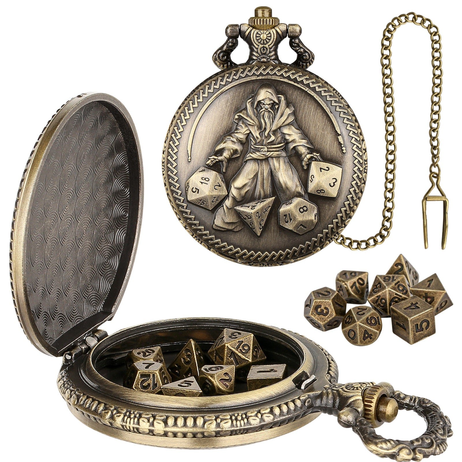 Mini Metal DND Dice Set with Vintage Wizard Pocket Watch Shell Case ...