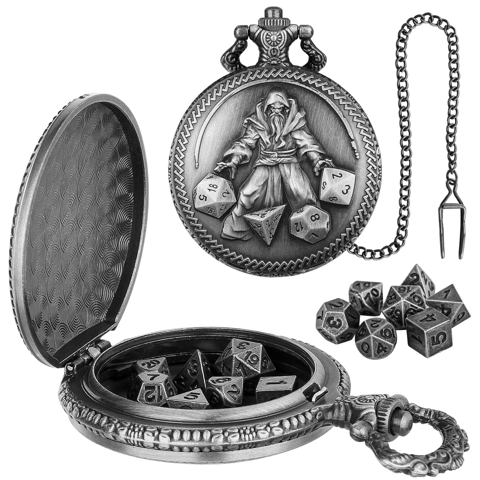 Geloho D20, Dragon Silver Vintage Wizard Dice Pocket Watch