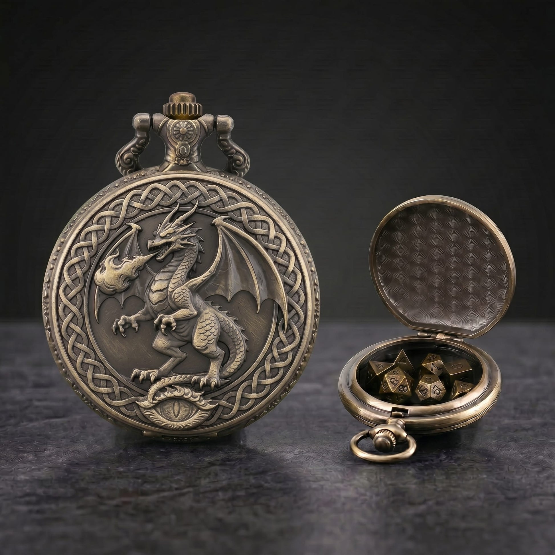 Geloho Bronze Wyrm’s Eye Fatekeeper Pocket Watch Dice Set