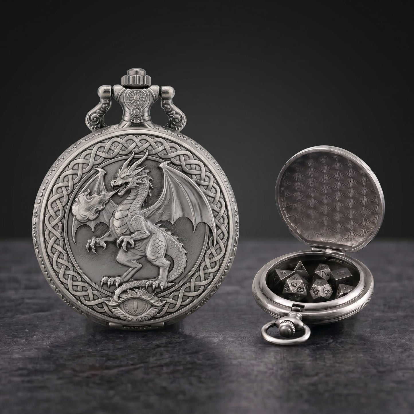 Geloho Silver Wyrm’s Eye Fatekeeper Pocket Watch Dice Set