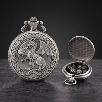 Geloho Silver Wyrm’s Eye Fatekeeper Pocket Watch Dice Set